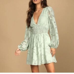 Lulu's Green Plunge Bishop Sleeve Sundress